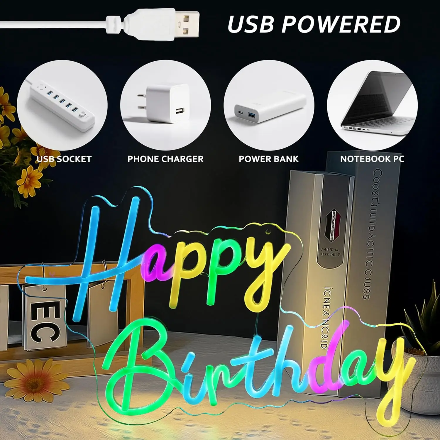 Happy Birthday Neon Sign for Backdrop Wall Decor USB PoweredLed Light up Sign Dimmable Neon Light for Birthday Party Decoration