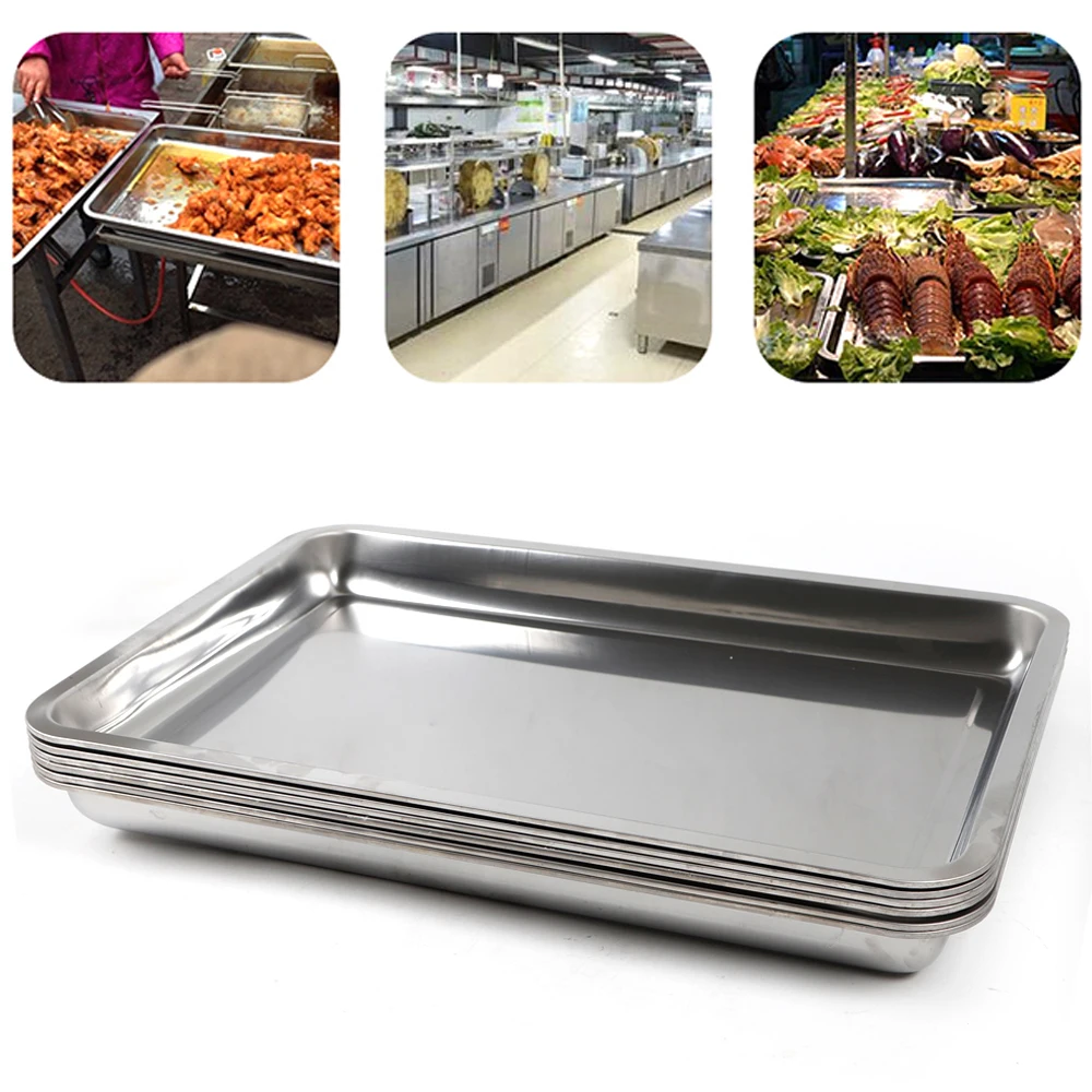 

6PCS Kitchen 2"/4" Deep Stainless Steel Food Storage Serving Trays Sausage Noodles Fruits Dish Restaurant Hotel Metal Dinnerware