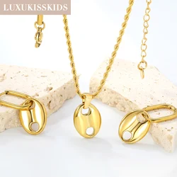 LUXUKISSKIDS Vintage Golden Jewelry Set Fashion 2025 Stainless Steel Round Pendant Necklace Earrings Sets Texture Accessories