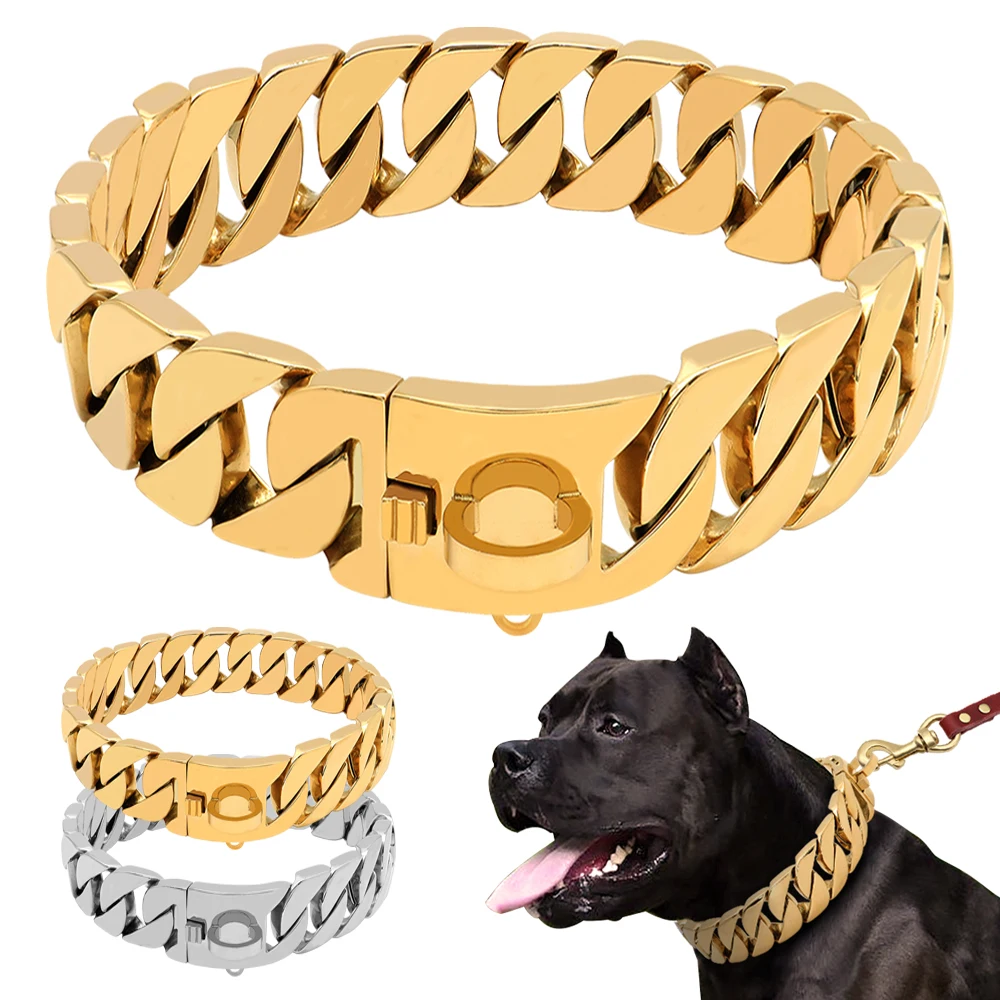 Gold Cuban Chain Pet Collar, Customized Leash, Stainless Steel, Strong Strap, Bully, Large Dog, Pitpull, Bulldog, 32mm