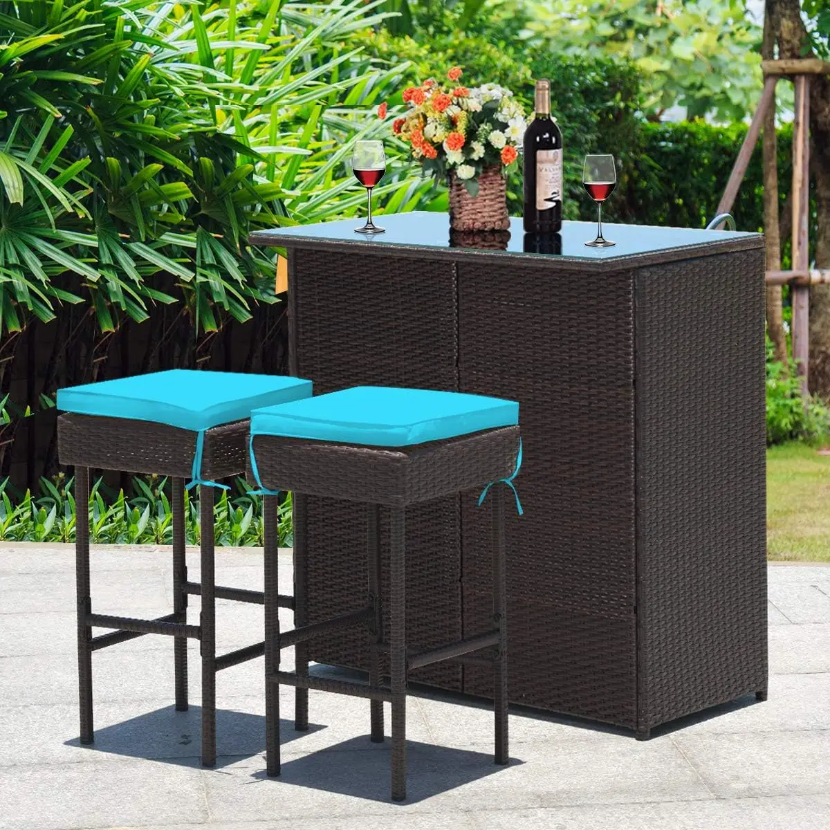 Comfort corner Patio Bar Set,3 Piece Outdoor Rattan Wicker Bar Set with 2 Cushions Stools & Glass Top Table