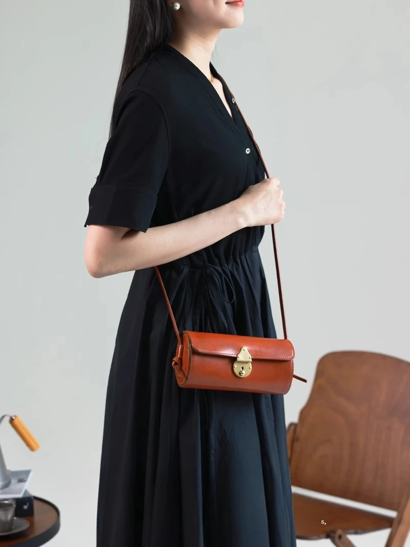 Handmade leather messenger bag for women, vintage style handcrafted leather cylindrical bag pillow bag cross body