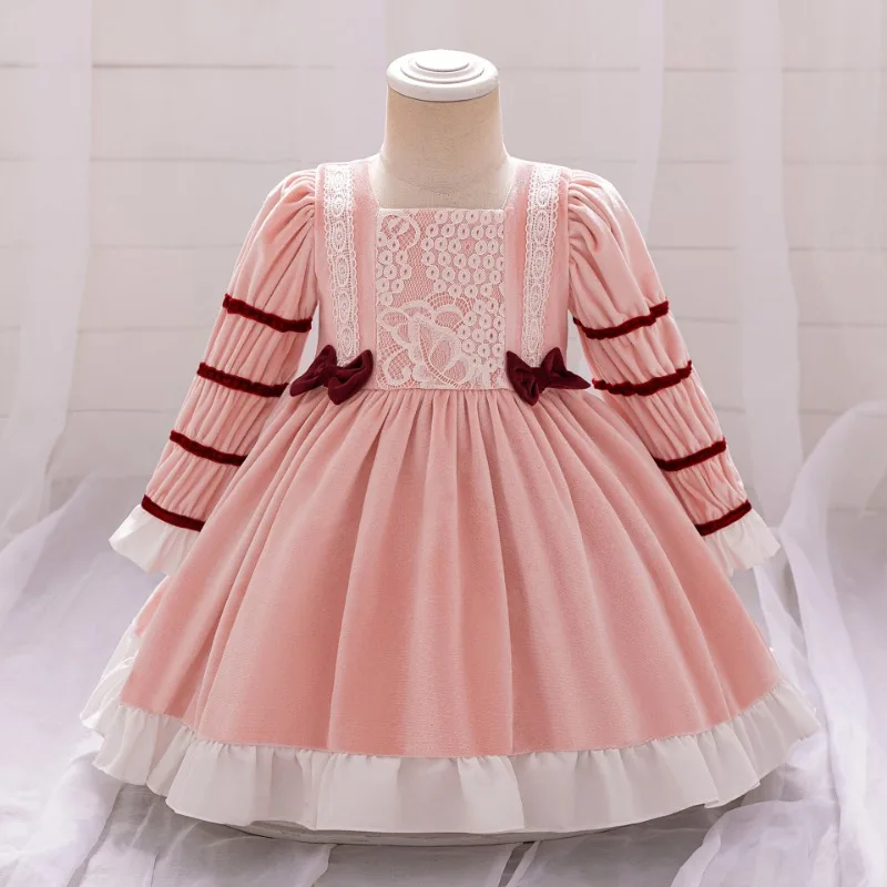 Kids Pink Spanish Lolita Vintage Princess Ball Gown Lace Print Design Baby Birthday Gift Children Turkey Dresses for Girls