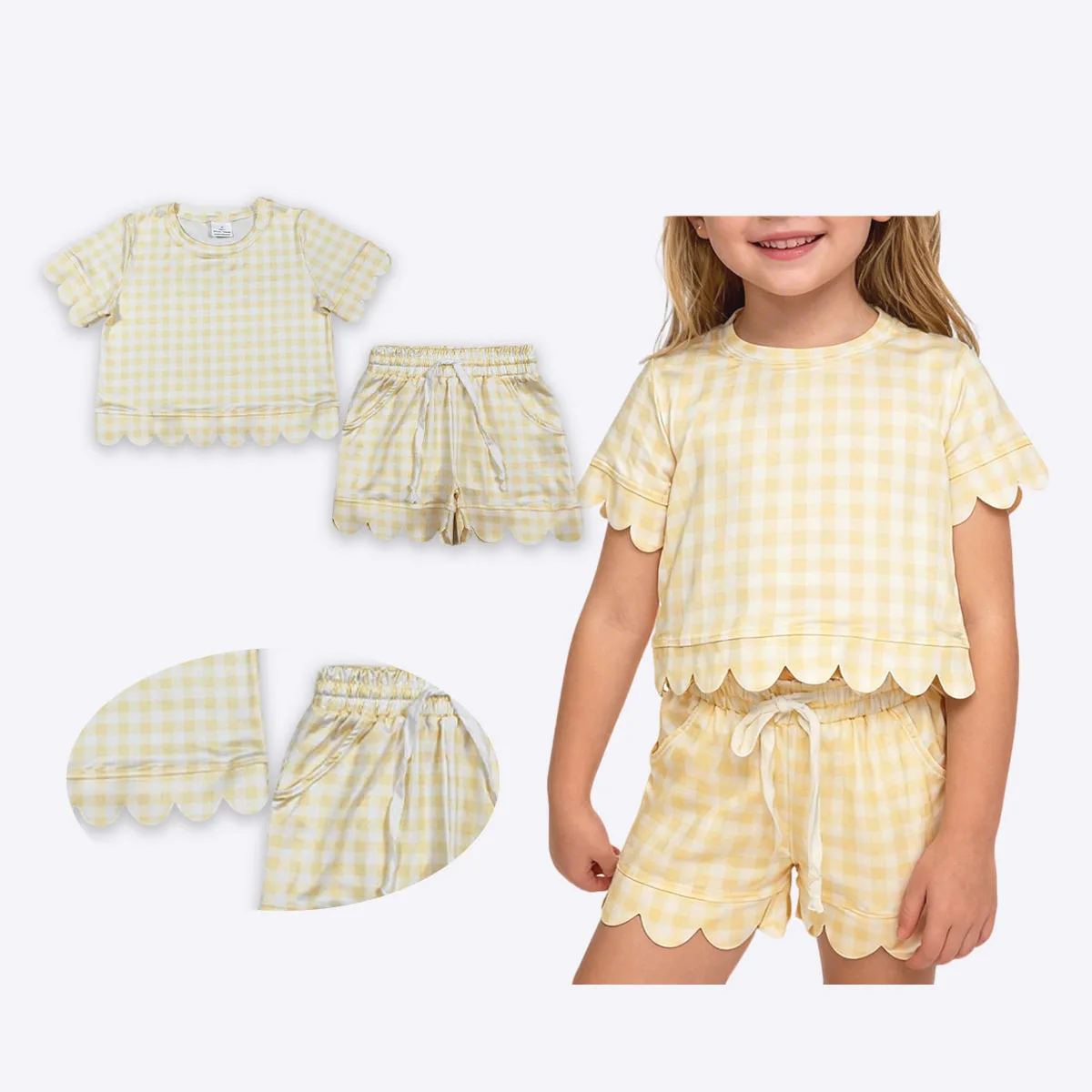 

Toddler Baby Girl Short Sleeve Yellow Plaid Shirts Pockets Shorts Kids Children Summer Sets Clothes Boutique Clothing Wholesale