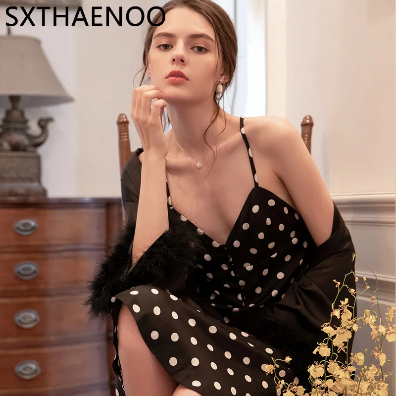 SXTHAENOO Fall Dress Fashion Homewear Black White Dots Nightdress Women Deep V Nightgowns Elegant Feather Pajamas Suit 2pices