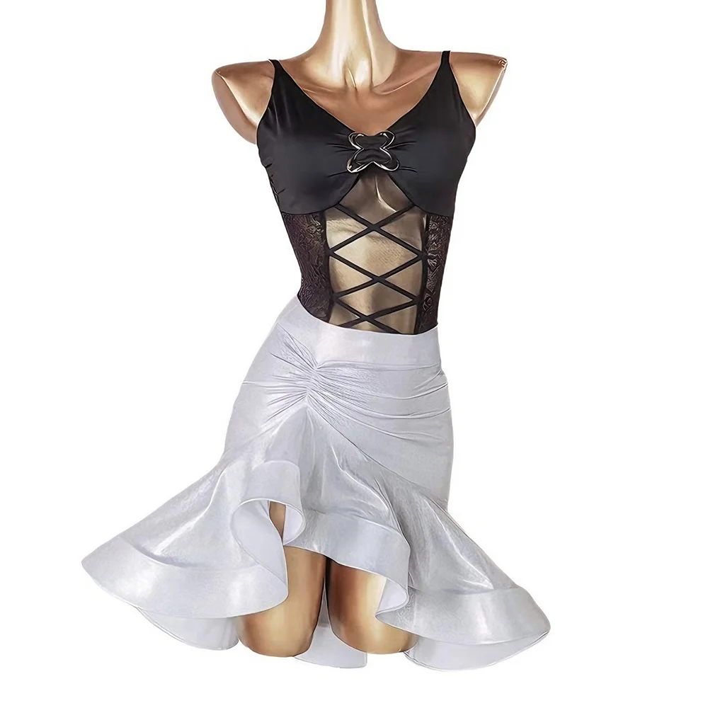 

Latin Dance Outfit Black Lace Crisscross Bodysuit with Shiny Ruffled Skirt for Women Salsa Rumba Performance