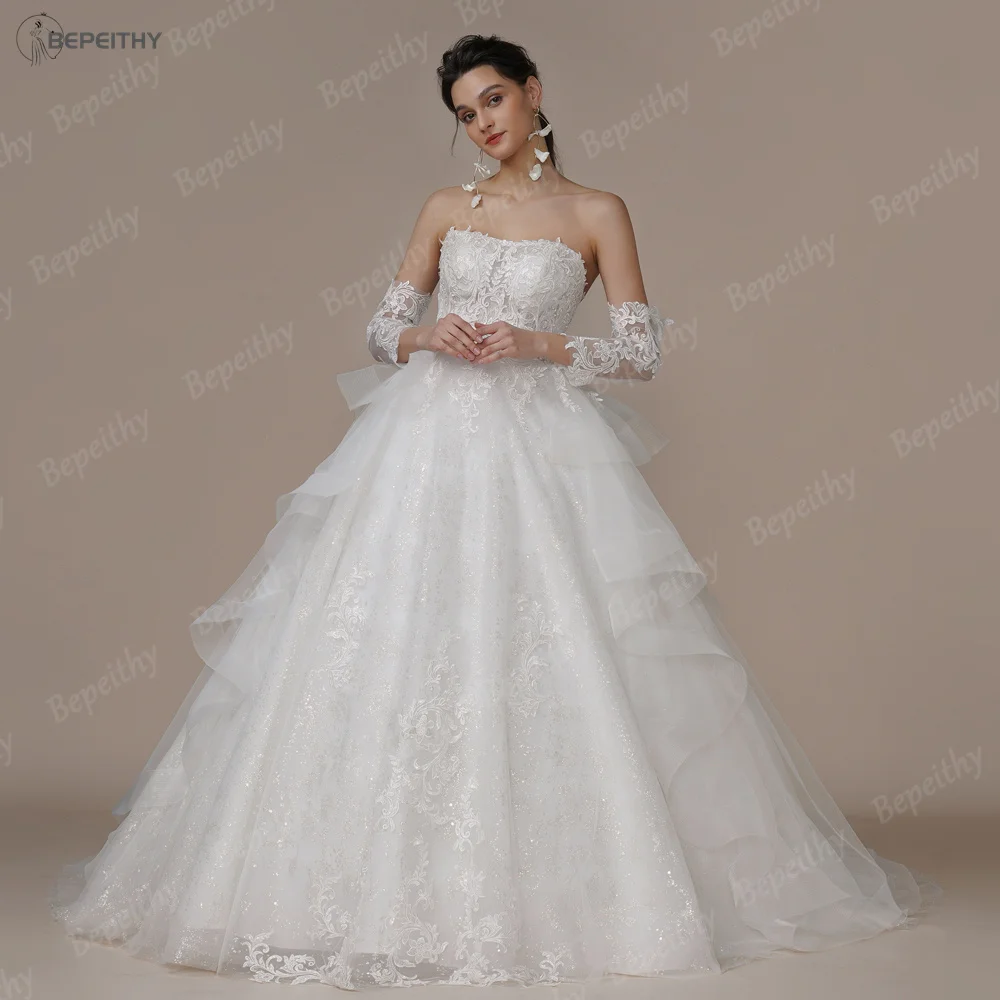 BEPEITHY Strapless A Line Glitter Wedding Dresses For Bride Sweep Train Ruffles Skirt Modern Princess Bridal Gown Ivory 2023 New