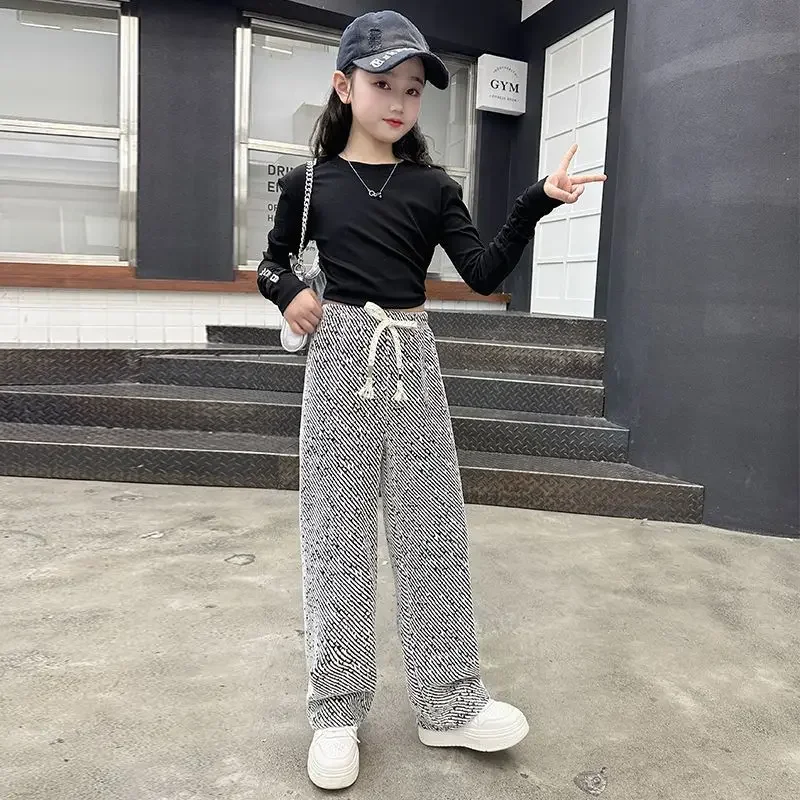 Girls' Wide-Leg Casual Slanted Stripe Pants 2025 Spring Autumn Tween Loose Ankle-Length