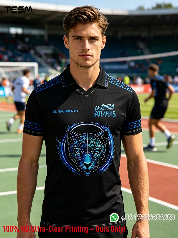 Men Black Blue Leopard Sports Polo Shirt La Jungla Atlantis Team Uniform Breathable Soccer Jersey Short Sleeve Football Training