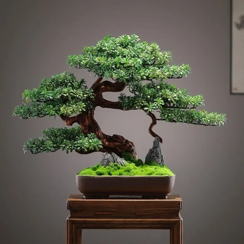 Simulated Luo Han pine welcome pine bonsai new Chinese Zen solid wood root carving entrance hall fake green plant decoration orn