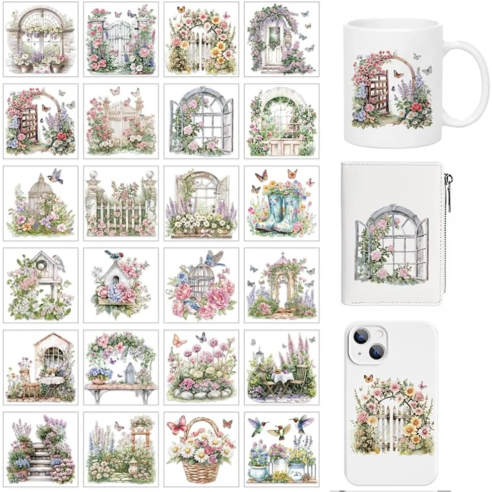 

24 Pcs Vintage Garden Theme Cup Printing UV Transfer Papers 24 Styles Colorful Flowers Birds Butterflies UV DTF Cup Wrap