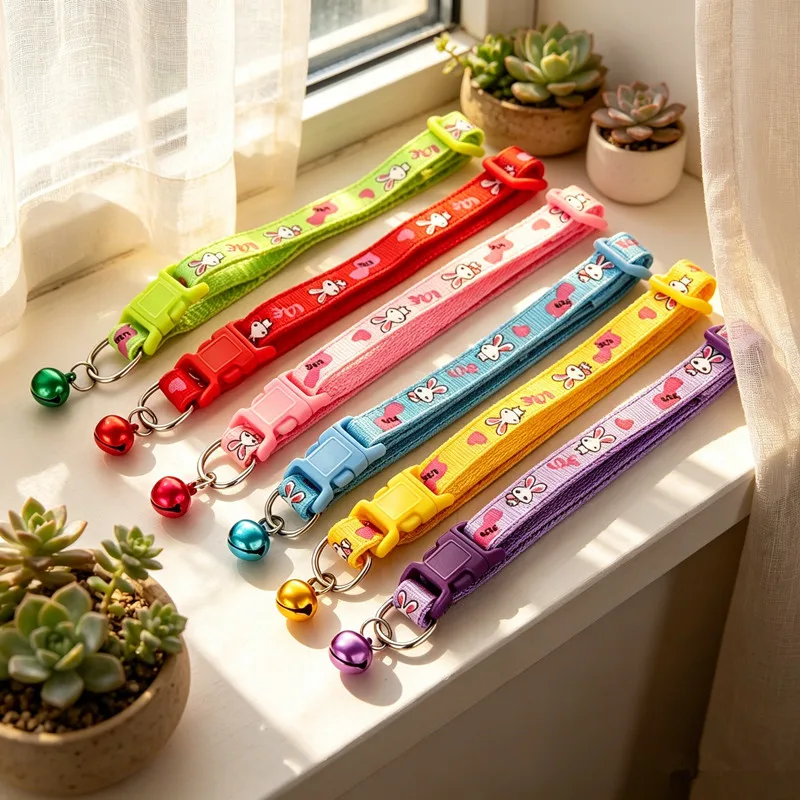 Colorful Rabbit Pattern Cat Collar with Bell Adjustable Breakaway Neck Collar for Kittens Puppies Comfortable Pet Supplies