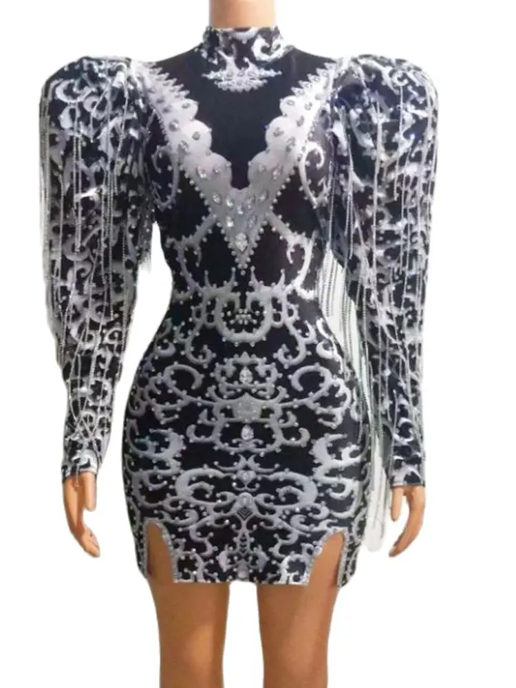 

High Quality Hot Diamond Tassel Elastic Bubble Sleeve Wrap Buttocks Dress 2024 New Fashion Custom Women'S Clothing
