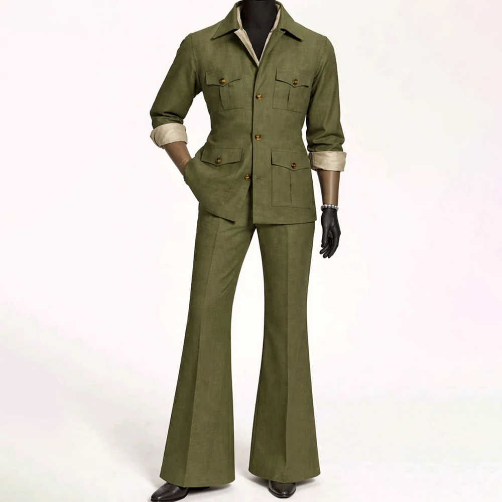 Men's Peacock Blue Safari Suit Multi-Pocket Jacket+Pants Vintage Casual 2 Piece Set Wedding Groom Attire Prom Costume Homme