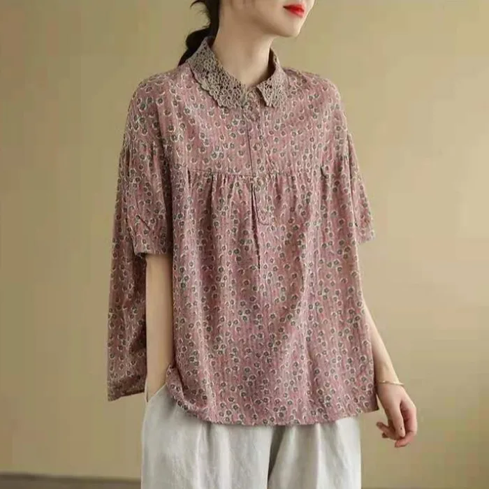 

Хлопково-льняной топ в стиле ретро с цветочным принтом и кружевным воротником больших размеров, женский льняной топ большого размера, летний свободный крой