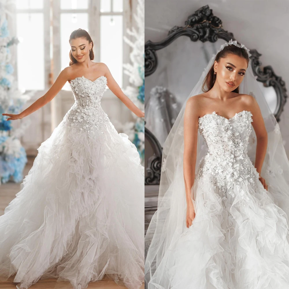 فساتين زفاف رائعة بدون حمالات مزينة بفساتين الزفاف ترتر كشكش ذيل الأميرة حورية البحر مخصصة فيستدوس دي نوفيا #1