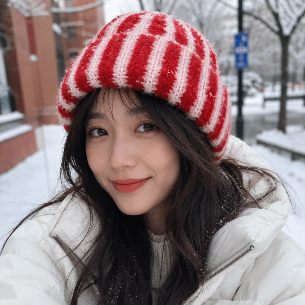 Fold-Up Color Blocked Striped Beanie Hat Thick Windproof Ribbed Knit Cap Thermal Soft Warm Hat Gift