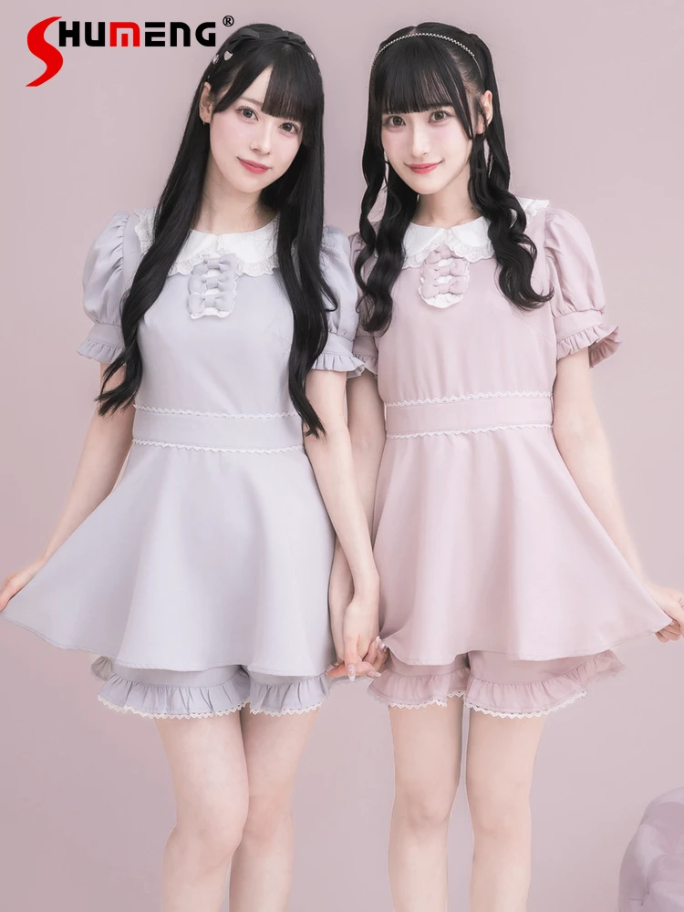 

Japanese Style Elegant Sweet Ruffles Doll Collar 3D Bow Puff Sleeve A-line Short Dress High Waist Shorts Two-Piece Sets Women