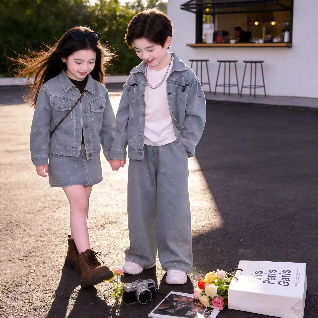 teenager boy girl shining clothes outfits jeanswear denim jacket wide leg jeans 2pcs junior kid set vetement enfant fille suit