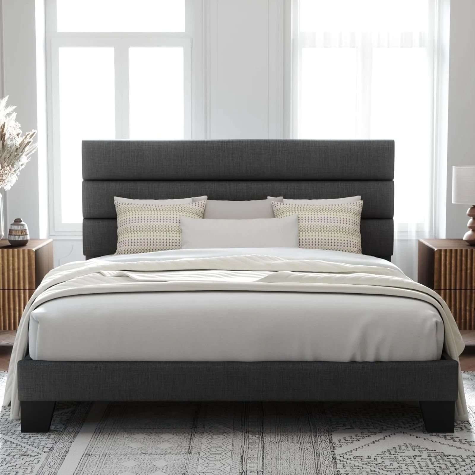 US King Bed Frame Platform Bed with Fabric Upholstered Headboard and Wooden Slats Support, Fully Upholstered