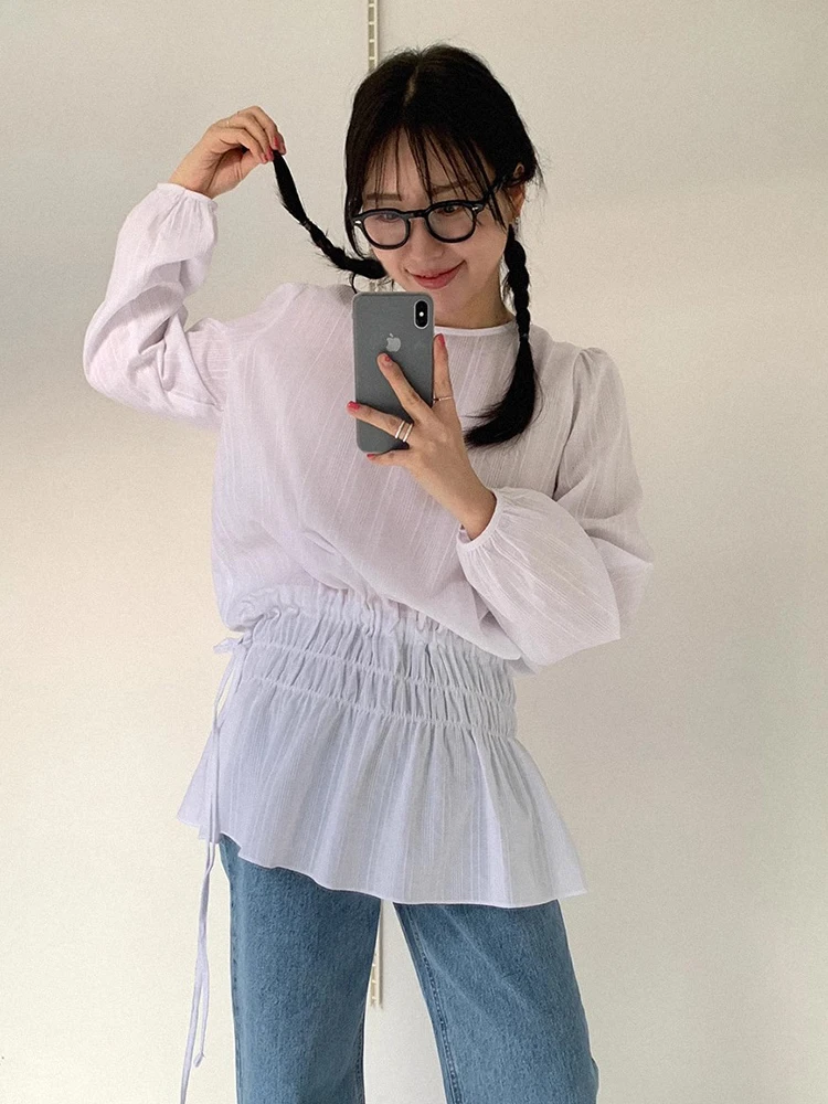 

Clothland Women Elegant White Black Blouse O Neck Long Sleeve Lace Up Shirt Female Cute Casual Tops Blusa LB367