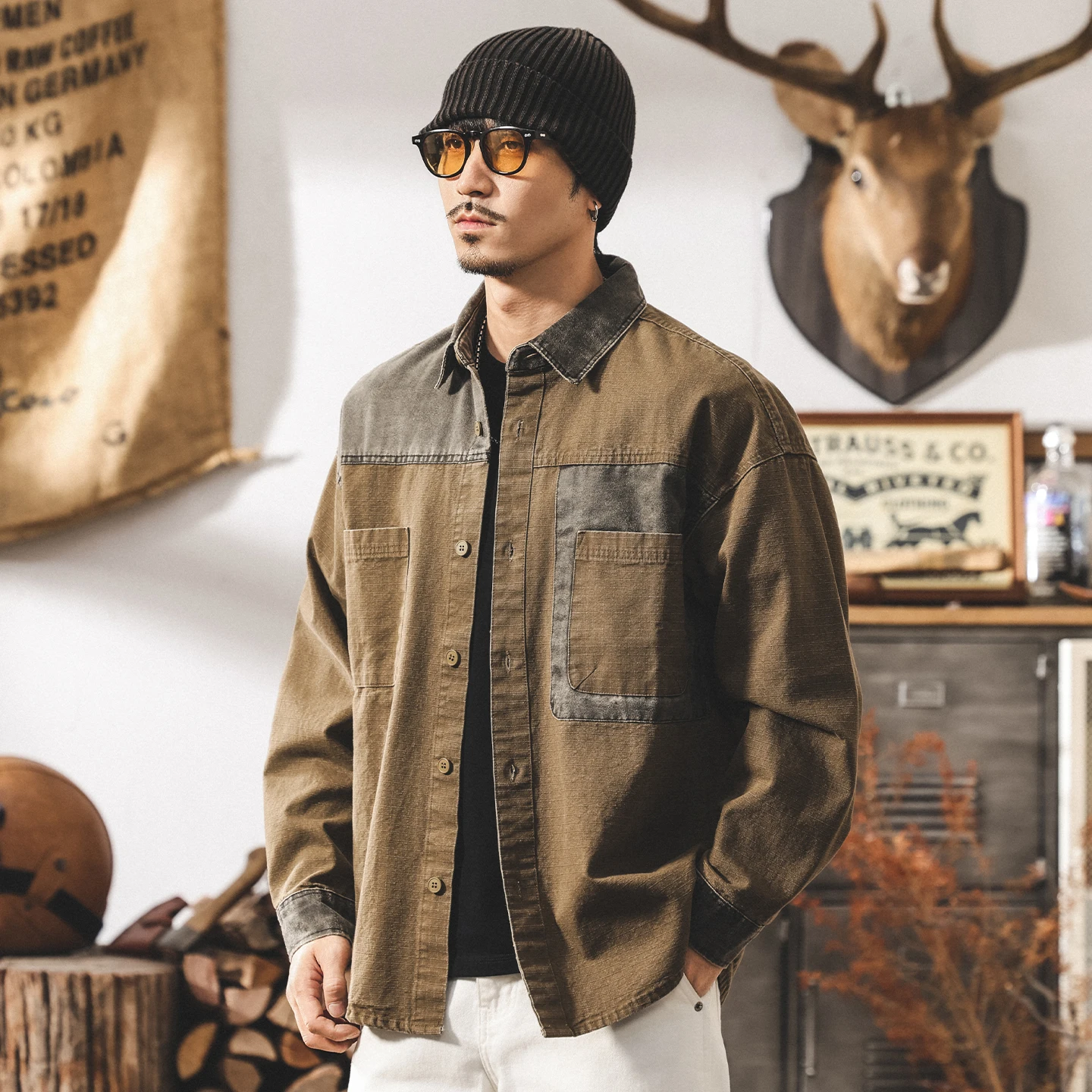 

Модная мужская винтажная рабочая рубашка в стиле ретро, новая свободная рубашка с длинными рукавами в весенне-осеннем стиле в стиле пэчворк.