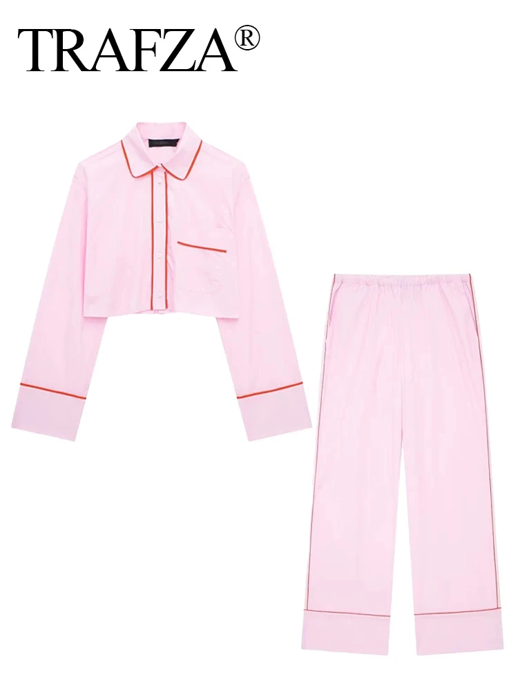 TRAFZA 2024 Summer Fashion Pink Suit Causal Lapel Long Sleeves Short Shirt Elastic Waist Straight Long Pant Female Sweet Suit