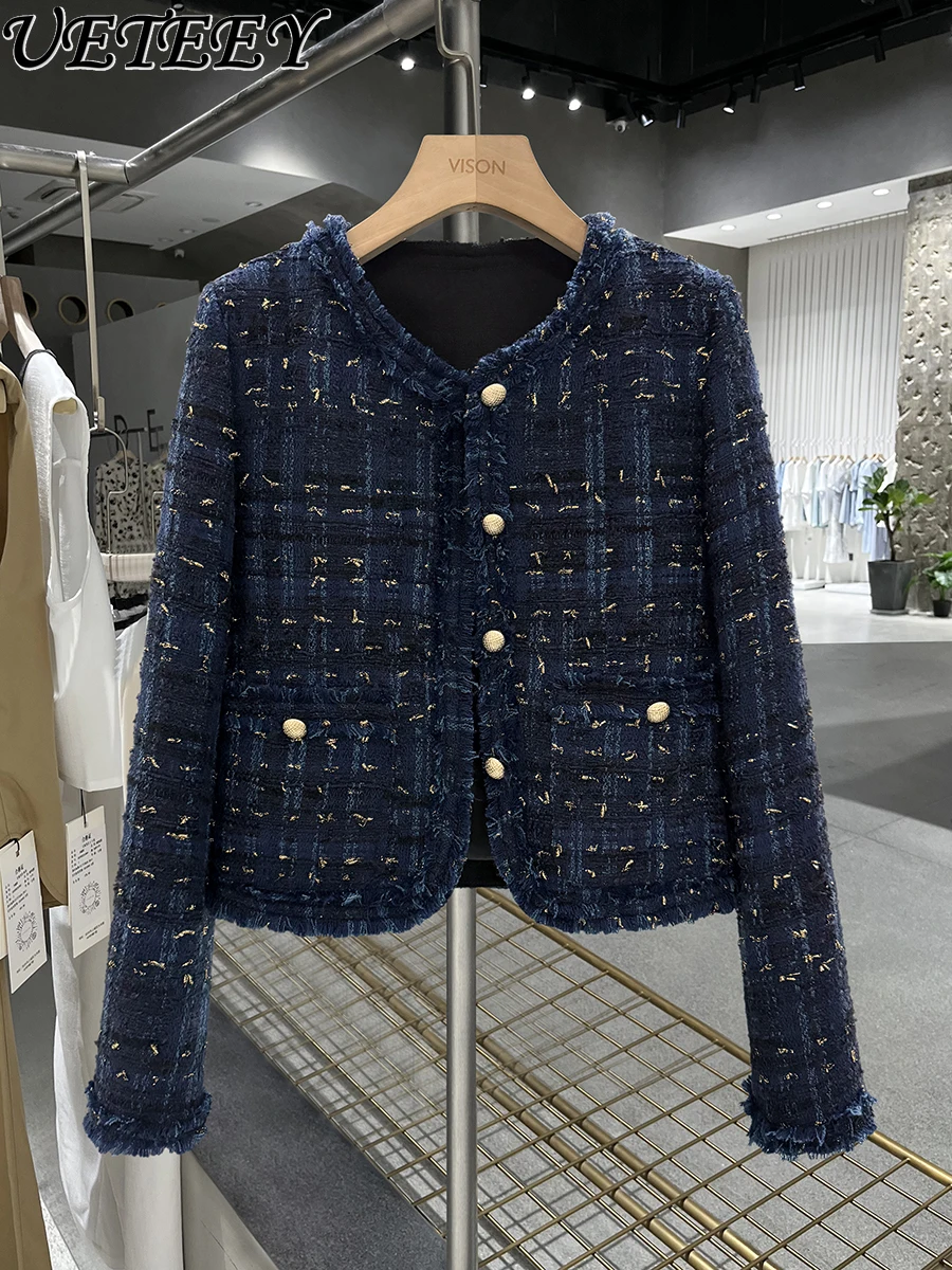 Dunkelblauer, hochwertiger, strukturierter Rundhals-Kurzmantel für Damen, neue Herbst- und Winter-Licht-Luxus-Exquisite Trendjacke