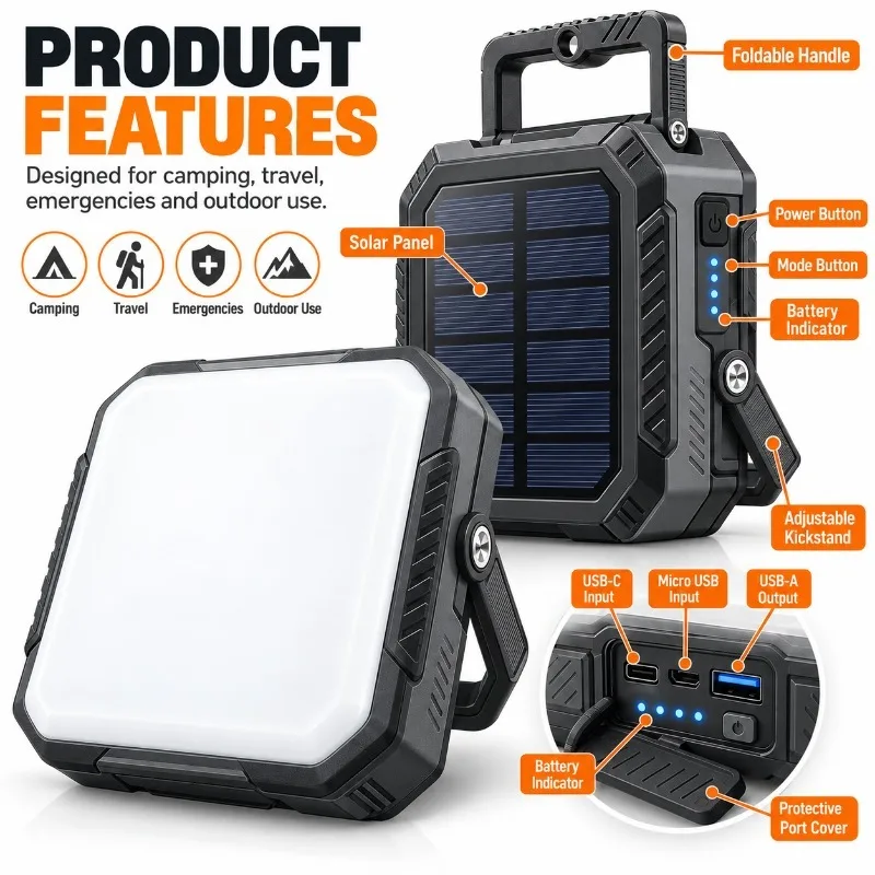 10000mAh Solar Power Bank with LED Light, Water‑Resistant Long Lasting Portable Mobile Power Supply for Outdoor Camping