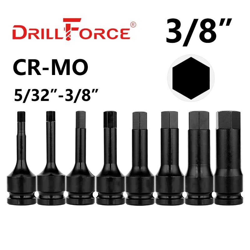 

Drillforce ударная Шестигранная головка привода 3/8 дюйма, 5/32 дюйма, 3/16 дюйма, 7/32 дюйма, 1/4 дюйма, 9/32 дюйма, 5/16 дюйма, 3/8 дюйма