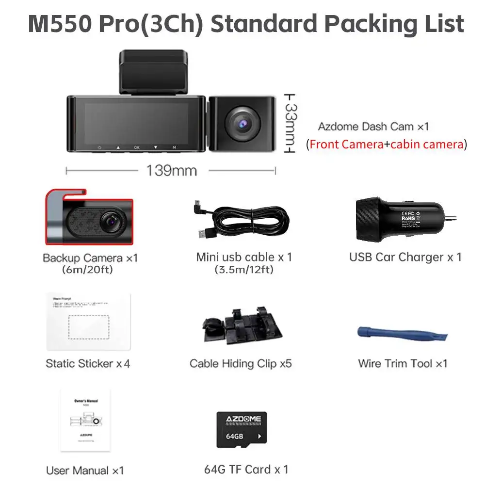 AZDOME M550 Pro 5.8Ghz WiFi 2/3 Kanaals Dashcam 4K+2.5K Ingebouwde GPS 3.19 inch IPS Scherm Auto DVR IR Nachtzicht 24 uur Parkeermodus