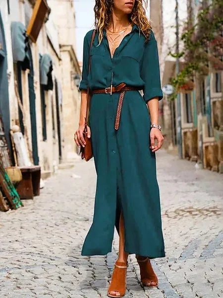 Spring Autumn Buttons Up Side Split Long Dress Women Solid Casual Loose Shirt Dress Ladies Long Sleeve Midi Dresses Vestidos