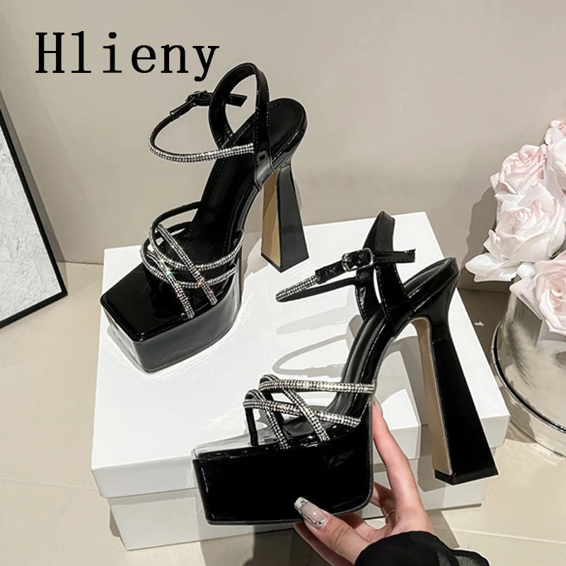 Hlieny 2024 New Fashion Square Toe Platform High Heels Crystal Narrow Band Women Sandals Sexy Buckle Strap Summer Wedding Shoes