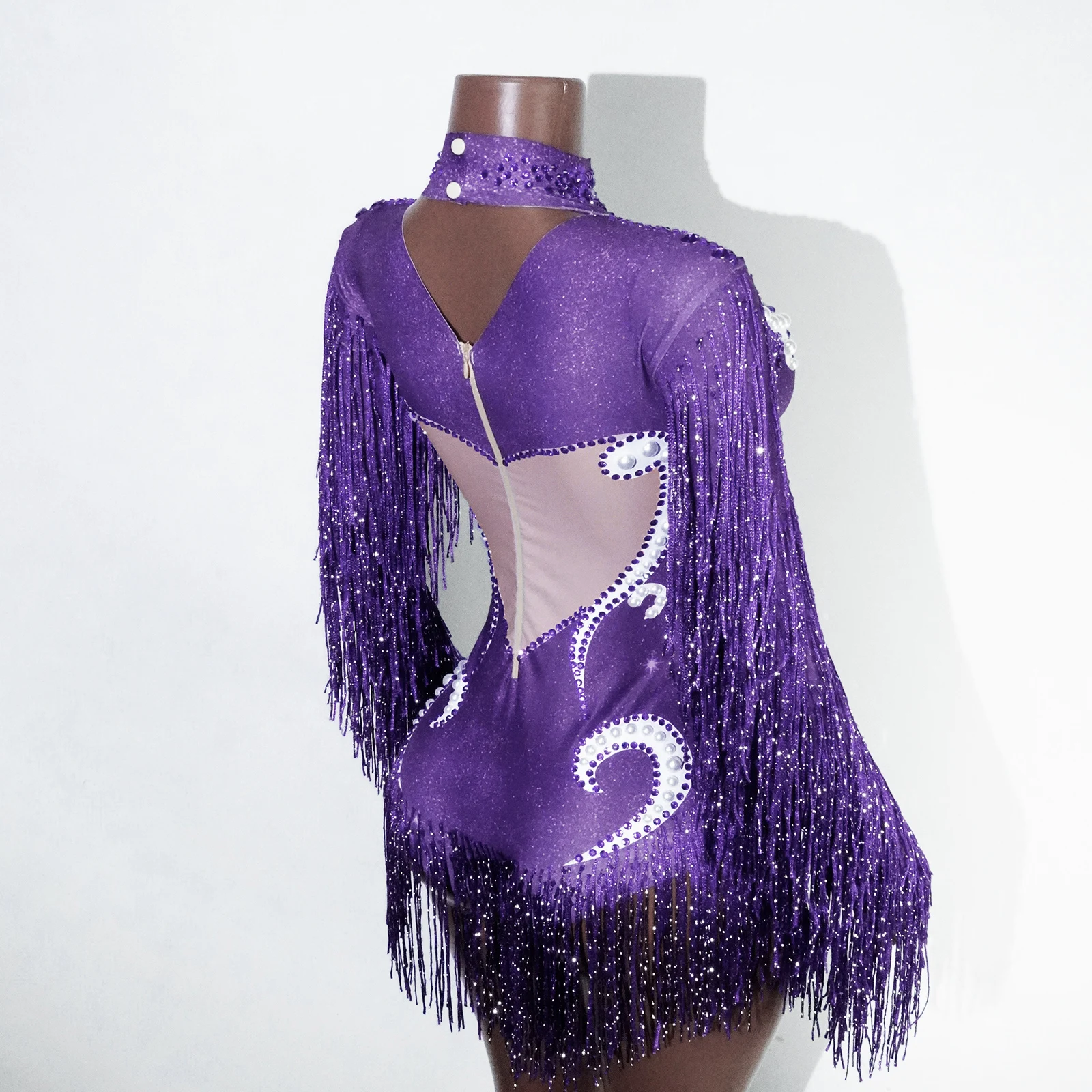 سباركلي الأرجواني الراين شرابة يوتار هامش ارتداءها ملهى ليلي المغني الرقص حفلة عيد ميلاد الزي المرحلة زي الأداء