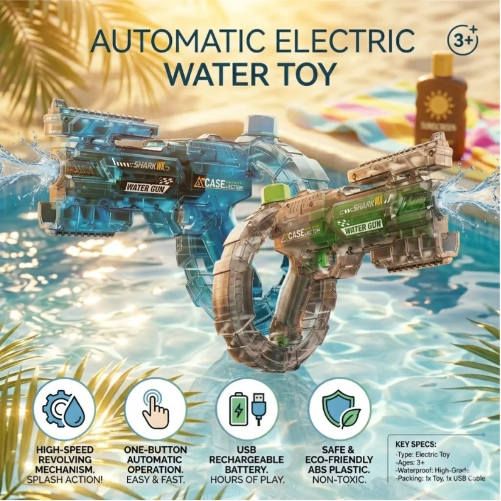 Electric Water Gun Automatic Water Toy Summer Pool Beach Party Splash Blaster Rechargeable Waterproof Toy