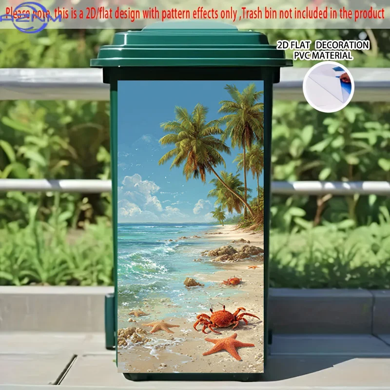 2D Flat Printing 1pc 2D Pattern Printed Kitchen Trash Can Sticker xcm Coconut Breeze and Sea Melody Beach Themed Kitchen Home