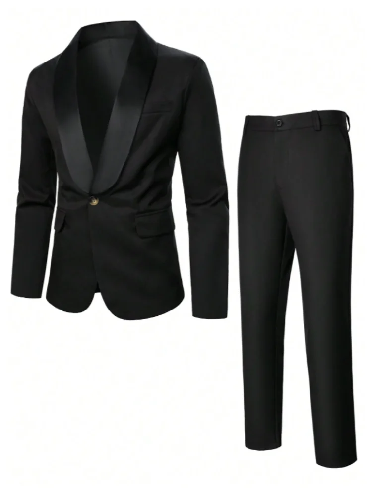 

Elegant Black Men's 2 Piece Suits Luxury One Button Shawl Lapel Slim Fit Blazer High Quality Wedding Jacket Pants Full Sets