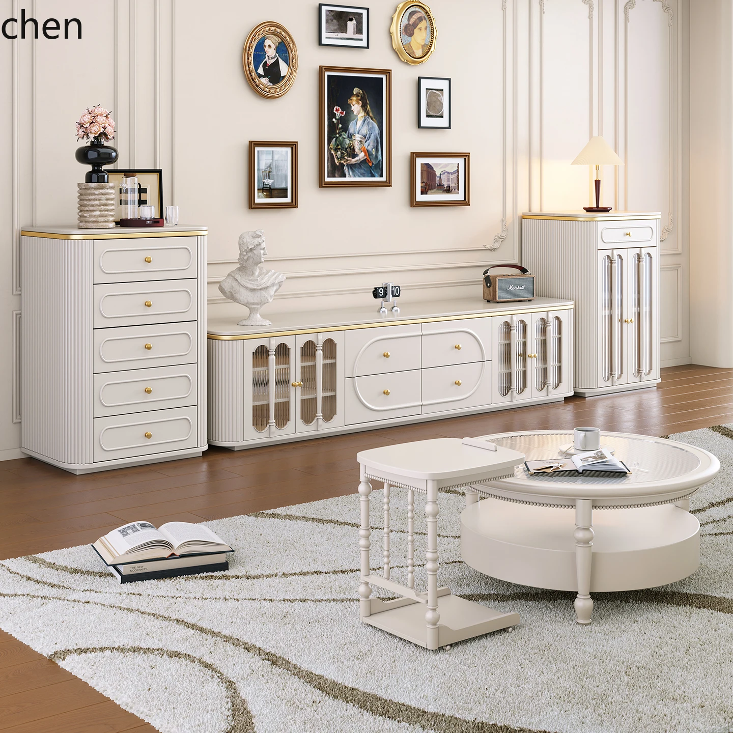HT Luxury Stone Pure Solid Wood Cream Style Floor-standing TV Cabinet Storage Cabinet for Living Room Home Use