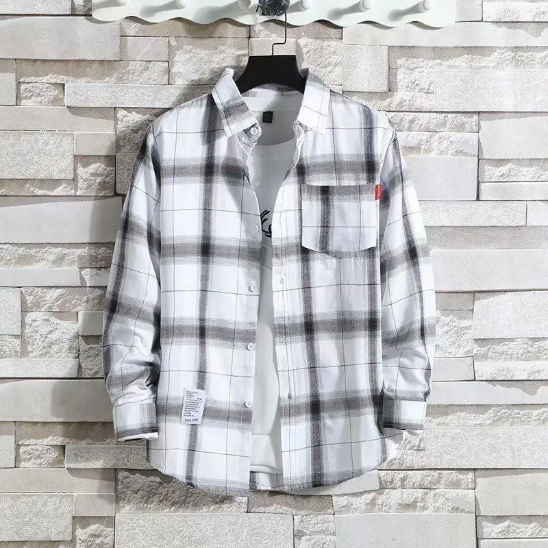 Plaid Male Top with Pocket Long Sleeve Men\'s Shirt and Blouse Designer Slim Fit Casual Cheap Brand Button Fashion 2024 I Clothes