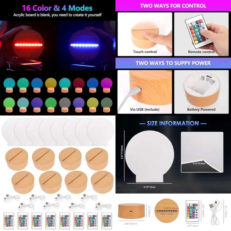 

8 Pieces Clear Acrylic Sheets and 8 Pieces 3D Night LED Light Lamp Base with Remote Control and USB Cable, DIY Acrylic Lamp Bas