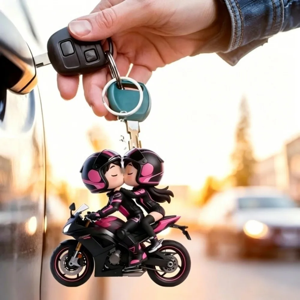 Retro Style 2D Flat Motorcycle Keychain Mini Design Decoration Couple Keychain Acrylic Funny Bag Hanging Charm Gifts