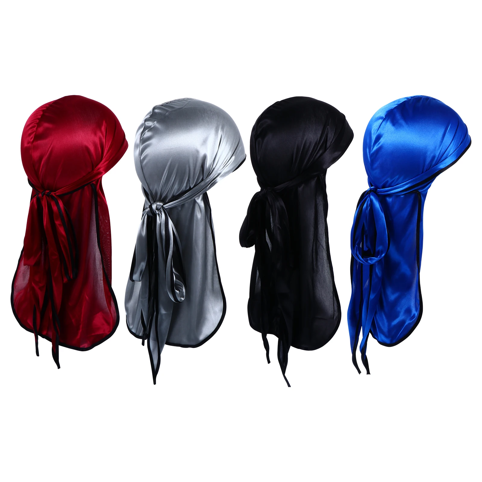 

4pcs Pirate Hat Silk Durag Smooth Elastic Polyester Headwrap Long Tail Hair Protector Satin Breathing Comfortable