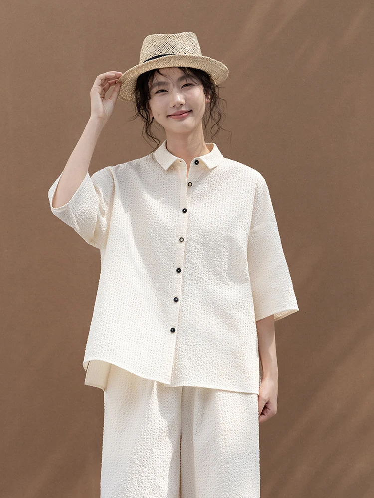 

Новая коллекция Le: Летняя женская блузка из смесового хлопка с воротником-стойкой на пуговицах, однотонная, повседневная, деловая...