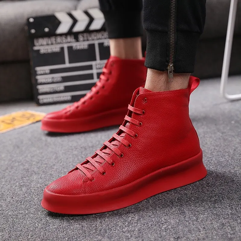 British design men casual platform shoes genuine leather flat shoe spring autumn lace-up sneakers black white red mans footwear
