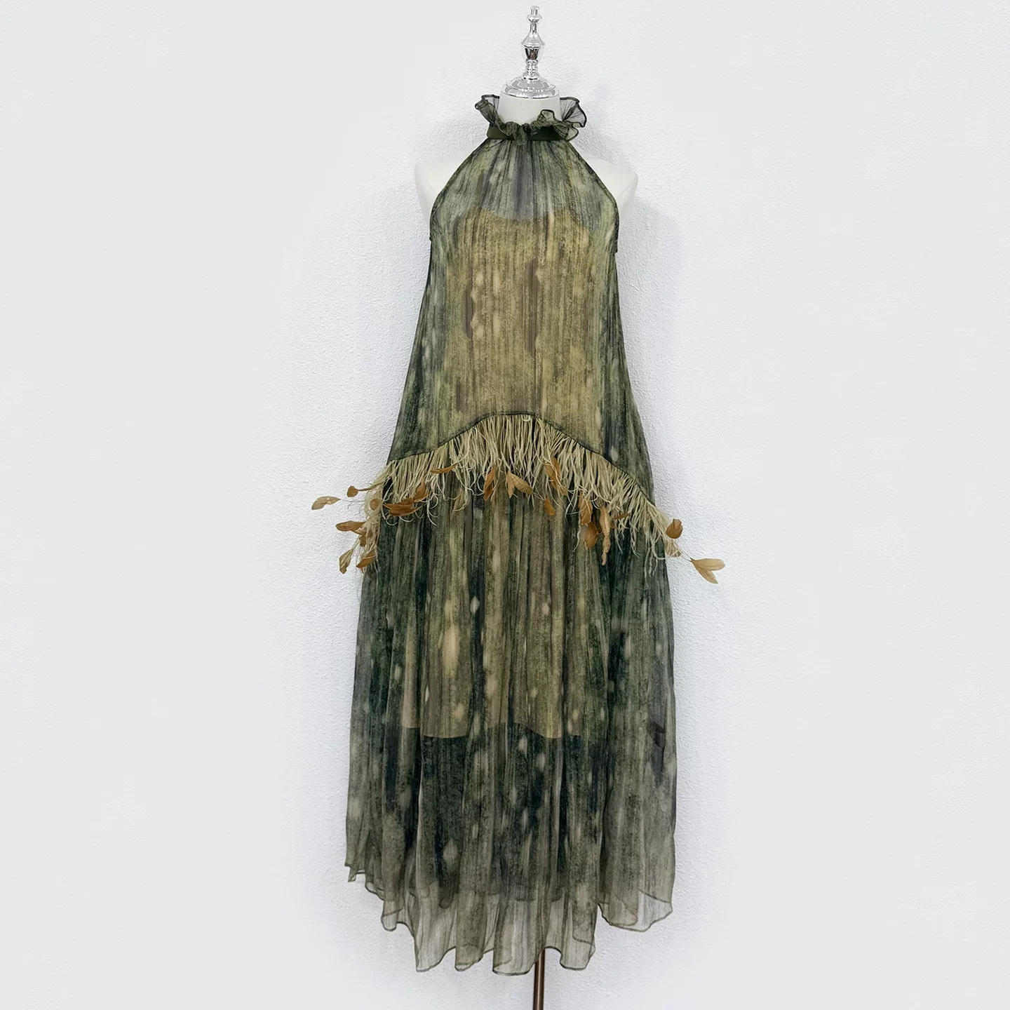 

Causal Women's Green Dress Fashion Silk Tassels Loose Dress Sexy Ladies Transparent Sleeveless Dress Long