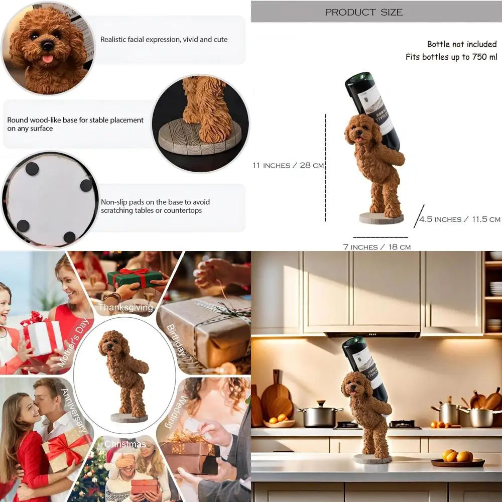 

Компактная винная полка для пуделя — коричневый держатель для бутылок для собак из смолы для домашнего бара и кухонной столешницы