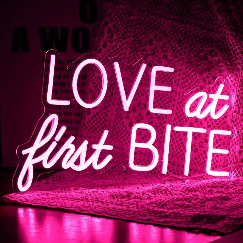 

Love At First Bite Neon Sign Led Pink Words Neon Light Sign Wall Art Neon Light For Wedding Light Up Sign For bedroom Bar Party