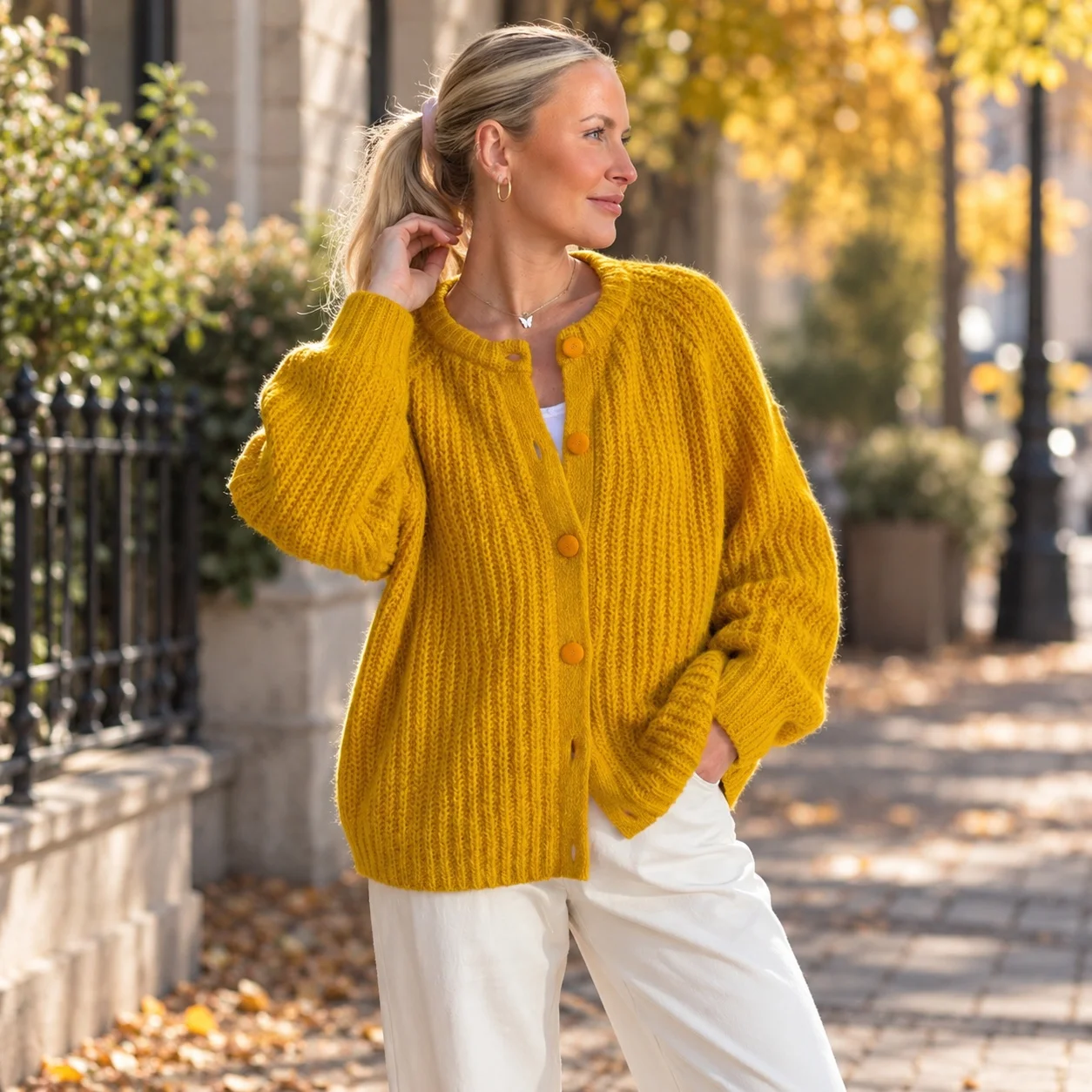 Round Neck Button Front Cardigan Regular Fit Graceful Commuter with Long Sleeve Single Breasted Button Closure Women Sweater