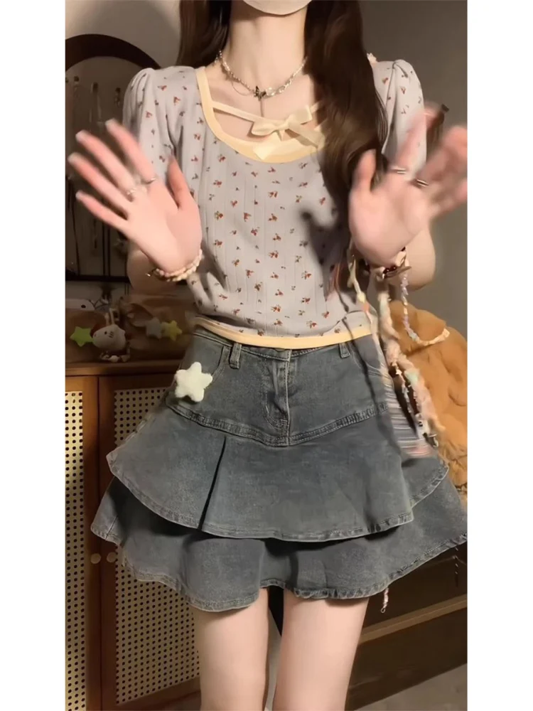 

Y2K Spicy Girl Denim Cake Skirt High Waist A-Line ort Skirt Women's Summer Design Sensation Gored Hemline Commute Vintage