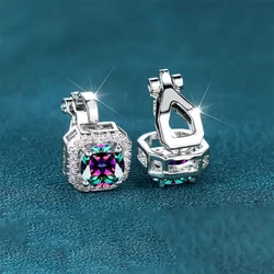 Rainbow Crystal Round Stone Clip Earring Multicolor Zircon Fashion Square Earrings For Women Trendy Silver Color Wedding Jewelry